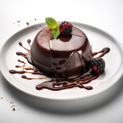 a plate of chocolate pudding on white background for food photography generative ai
