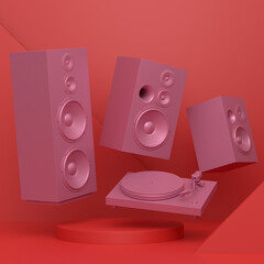 Abstract scene or podium with Hi-fi speakers and DJ turntable on monochrome