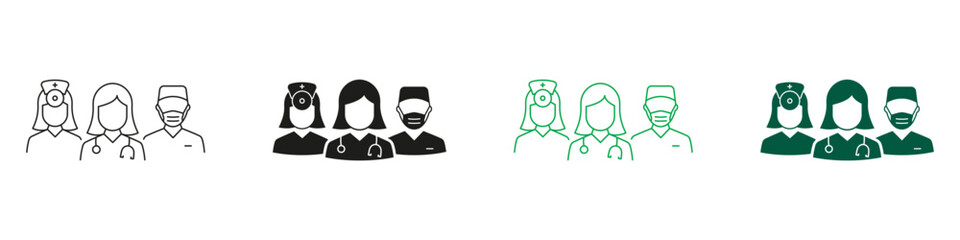 Medical Specialists Group Black and Color Pictogram. Healthcare Professional Hospital Staff Symbol Collection. Doctors and Nurse Team Line and Silhouette Icon Set. Isolated Vector Illustration