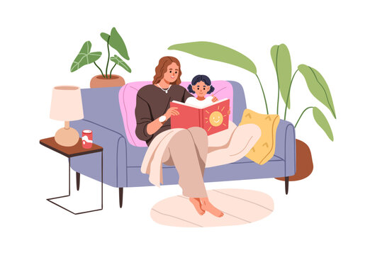 Mother and child reading book together, sitting on sofa at home. Mom and girl kid relax on couch with fairytale. Parent and daughter at leisure. Flat vector illustration isolated on white background