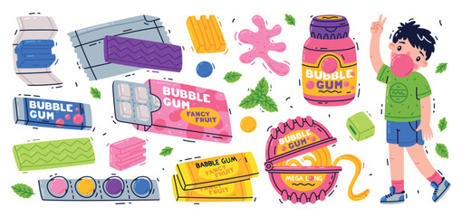 Fototapeta premium Bubble Gum and Sweet Chewing Gum Vector Set