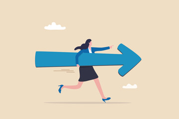 Fototapeta na wymiar Move forward for success future, business direction, determination or courage, career path or way to success, opportunity or mission concept, confidence businesswoman running with arrow direction.