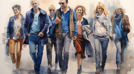 Group of fashionable people on the move. Beautiful illustration generated by Ai, is not based on any specific real image or characters