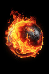 Blazing metal ball isolated on black background.