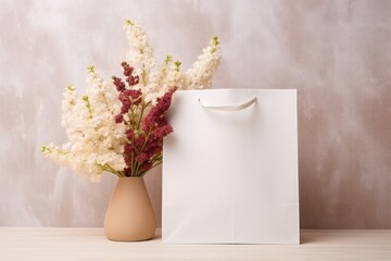 blank white paper bag mockup with floral background created using generative AI tools