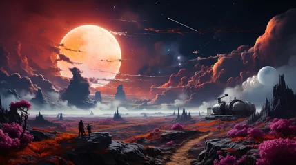 Eary Sci fi background with planets, clouds.  Dramatic sunset over an alien landscape with flowers, clouds, and colorful vegetation.  Wallpaper hd, 4k, 8k Orange Background   Fantasy background © Micro2ndDesigns
