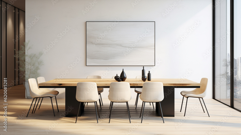 Wall mural Interior design of a small family dining room, black chairs, wooden table, panel wall, beautiful light, and picture frame on the wall. 