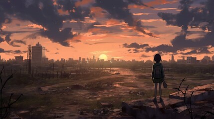 Sunset in the mountains - Desolation and resilience: anime girl's silhouette in post-apocalyptic world, wallpaper, Generative AI