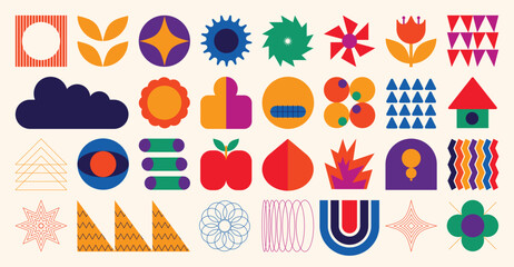 Set of abstract retro geometric shapes vector. Collection of contemporary figure, home, flower, cloud in 70s groovy style. Bauhaus Memphis design element perfect for banner, print, stickers, decor.