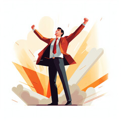 Illustration of a businessman in suit feeling on top of the world, cheering with is arms in the air with a white background generative ai.