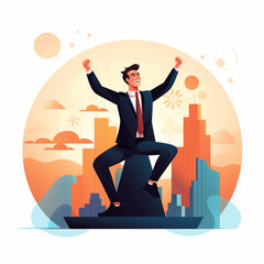 Illustration of a businessman in suit feeling on top of the world, cheering with is arms in the air with a white background generative ai.