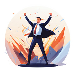 Illustration of a businessman in suit feeling on top of the world, cheering with is arms in the air with a white background generative ai.