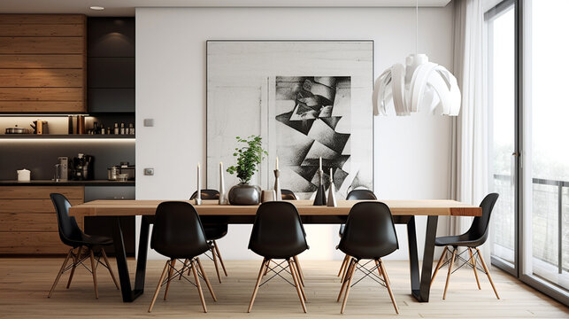 Interior design of a small family dining room, black chairs, wooden table, panel wall, beautiful light, and picture frame on the wall. 