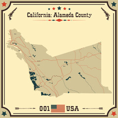 Large and accurate map of Alameda County, California, USA with vintage colors.