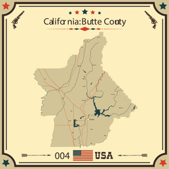 Large and accurate map of Butte County, California, USA with vintage colors. - obrazy, fototapety, plakaty
