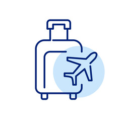 Check-in luggage for a flight. Suitcase with a plane. Pixel perfect, editable stroke icon