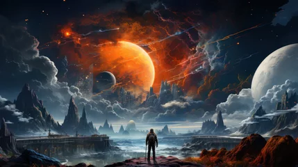 Rolgordijnen Illustration of interstellar explorer standing on the surface of a planet, overlooking a chasm and a sky full of planetary bodies. 16:9  © Micro2ndDesigns