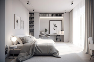 Realistic bright modern double bedroom interior design with workspace