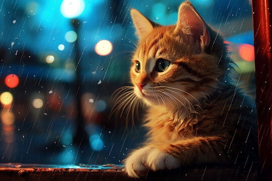 Sad wet kitten in the rain on a city street at night. Abandoned cat. Generative AI.