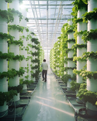 Aeroponics vertical farming of vegetables in greenhouse with natural sunlight, modern agriculture climate controlled indoor environment space saving farm Ai generated - 620086643