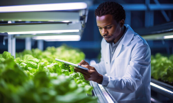 african agricultural scientist in indoor growing lab managing production yields and harvest on tablet. modern farming practices growing crops indoors under LED grow lights Ai generated - Powered by Adobe