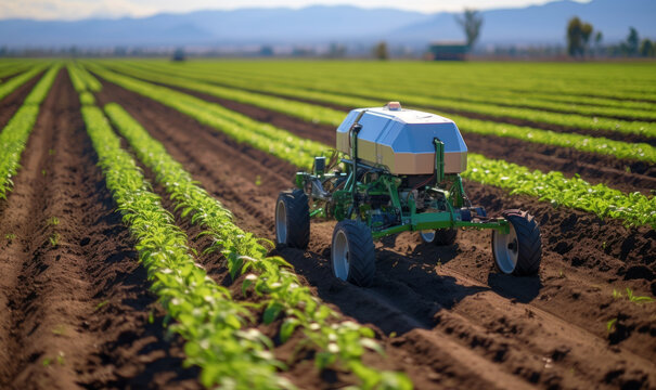 Robots working on farms futuristic crop growing, modern agriculture farming smart technology adoption by farmers to increase efficiency and production, generative AI