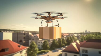 Fototapeta na wymiar Flying drone delivers a package in the city.