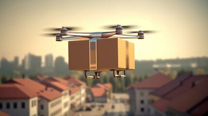 Flying drone delivers a package in the city.