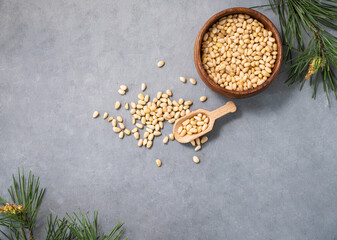 Pine nuts in a bowl  and a scattered on a blue background with branches of pine needles. The...