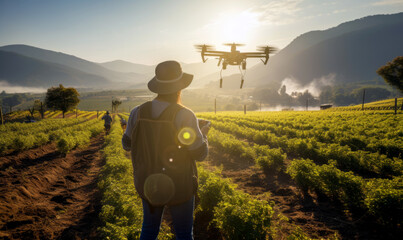 Farmer using drones on farm to survey crops, adopting smart agricultural technology advanced farming methods towards sustainability
