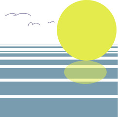 The sun is directly above the mirror surface of the sea. Birds are flying against the background of a yellow star.