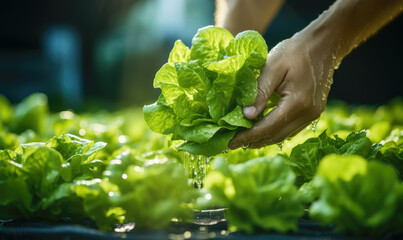 Farmer harvesting lettuce heads grown in greenhouse, fresh organic vegetables modern farming Ai generated - 620087002