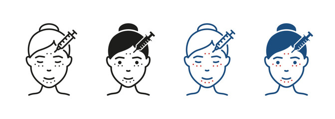 Woman Facial Injection Line and Silhouette Icon Set. Cosmetology Skin Care for Face Pictogram. Filler, Acid, Mesotherapy, Anti Aging Procedure Symbol Collection. Isolated Vector Illustration
