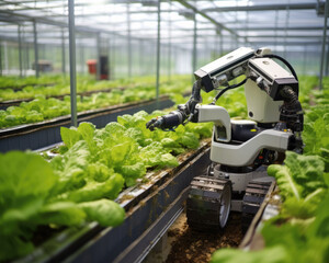 Robots working in greenhouse, smart technology adoption in farming industry, modern futuristic commercial farms of the future, AI generated - 620087030