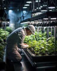 Farm technician scientist in indoor farm, growing crops produce under grow lights, modern agriculture automated processes clean pest free environment Ai generated