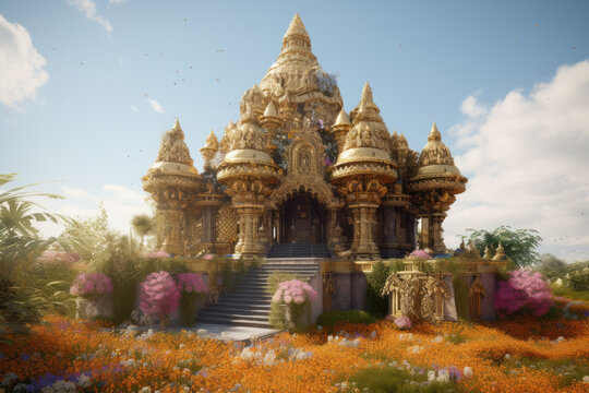 Temple concept art painting 3d illustration with flower garden