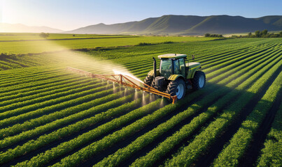 Farmer in tractor spraying fertiliser over crops, arable farming farmland landscape in fertile valley surrounded by mountains, agricultural monoculture farm AI generated - 620087407