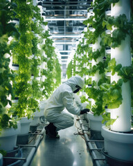 Farm technician at indoor vertical farm growing lettuce heads, aeroponics farming with grow lights modern greenhouse production future of farming generative AI - 620087428