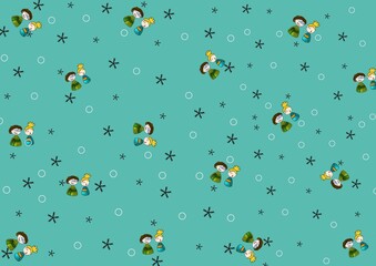 Pattern cute kids couple with stars on green background