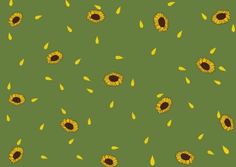 seamless pattern with sunflowers and leaves on green background