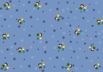 seamless pattern with cute kids couple and stars on blue background