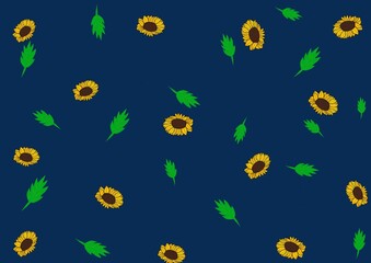 Pattern with sunflowers and leaves on dark background
