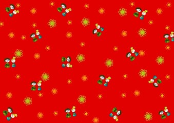 pattern with cute kids couple and flowers on red background