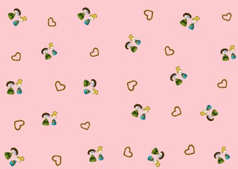 Pattern with cute kids couple and golden hearts, pink background