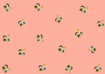 Pattern with cute kids couple on peach color background