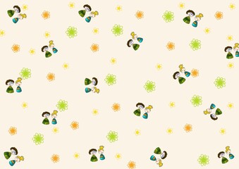 Pattern with cute kids couple and flowers on cream background