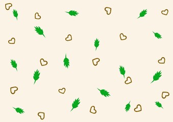 Pattern with small golden hearts and green leaves on milk color background