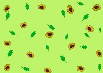Pattern with sunflowers and leaves on green background