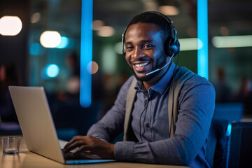 African Man wearing headphones and working with laptop, smiling and looking at camera. AI Generative - obrazy, fototapety, plakaty