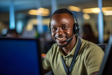 Fototapeta premium African Man wearing headphones and working with laptop, smiling and looking at camera. AI Generative